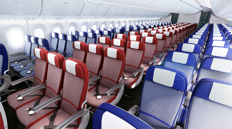 A szélestörzsű A350-es és B787-9 Dreamliner Economy Class ülései, a színösszeállítás a LAN kékjét és a TAM pirosát szimbolizálja. (Forrás: LATAM Group) | © AIRportal.hu