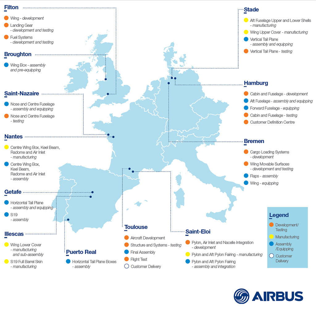 Az A350 XWB főbb alkatrészei 4 különböző ország 12 Airbus gyáregységében készülnek. (Grafika: Airbus) | © AIRportal.hu