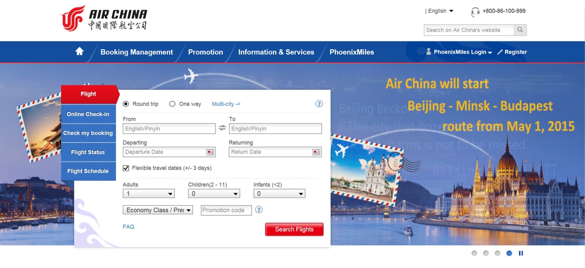 Képernyőfotó az Air China honlapjának a Peking - Minszk - Budapest járatot hirdető felületéről, a magyar főváros látképével. (Forrás: airchina.com) | © AIRportal.hu