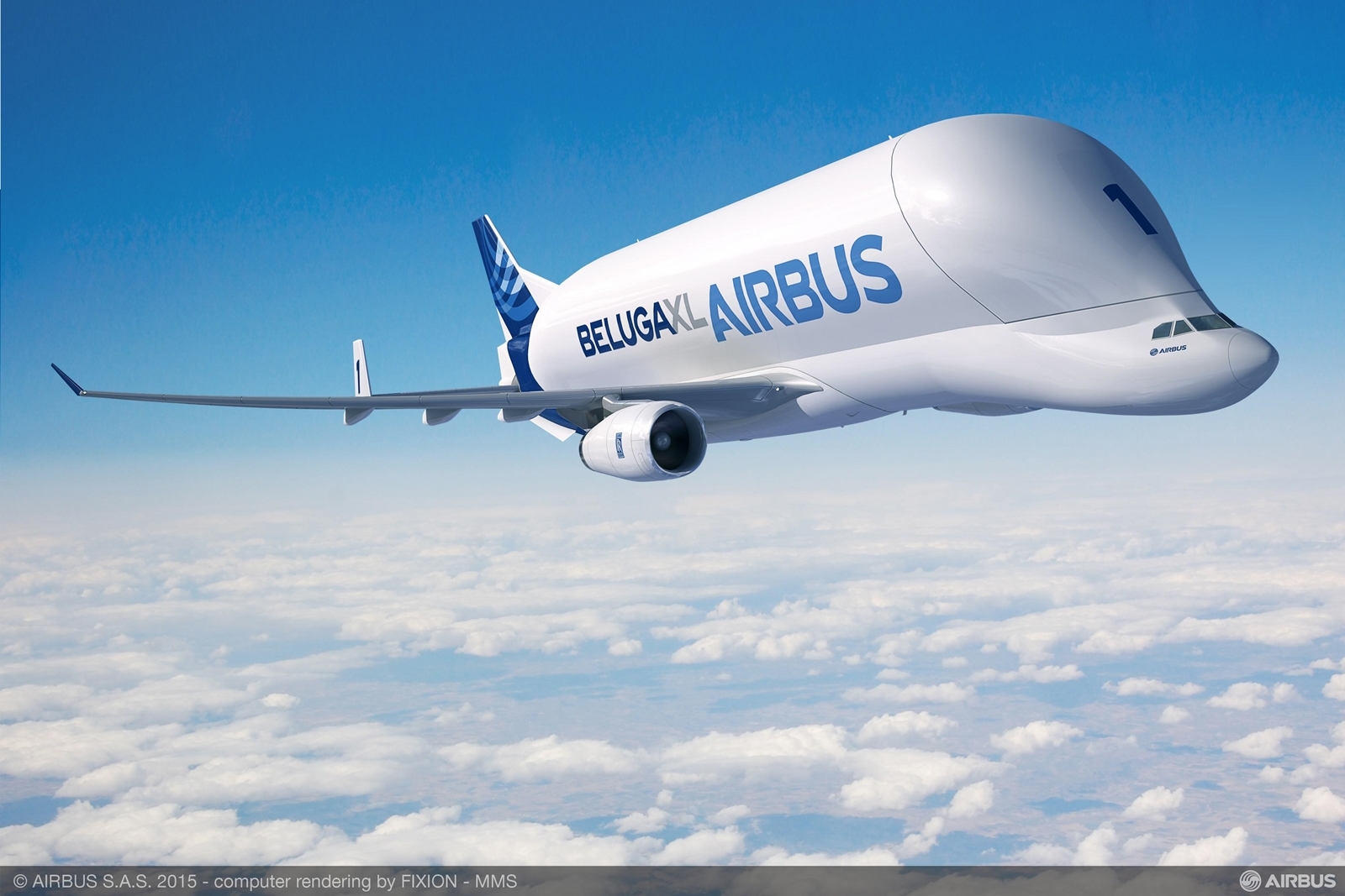 Beluga XL computer grafika, immáron Rolls-Royce logóval a hajtóművön. (Forrás: Airbus) | © AIRportal.hu