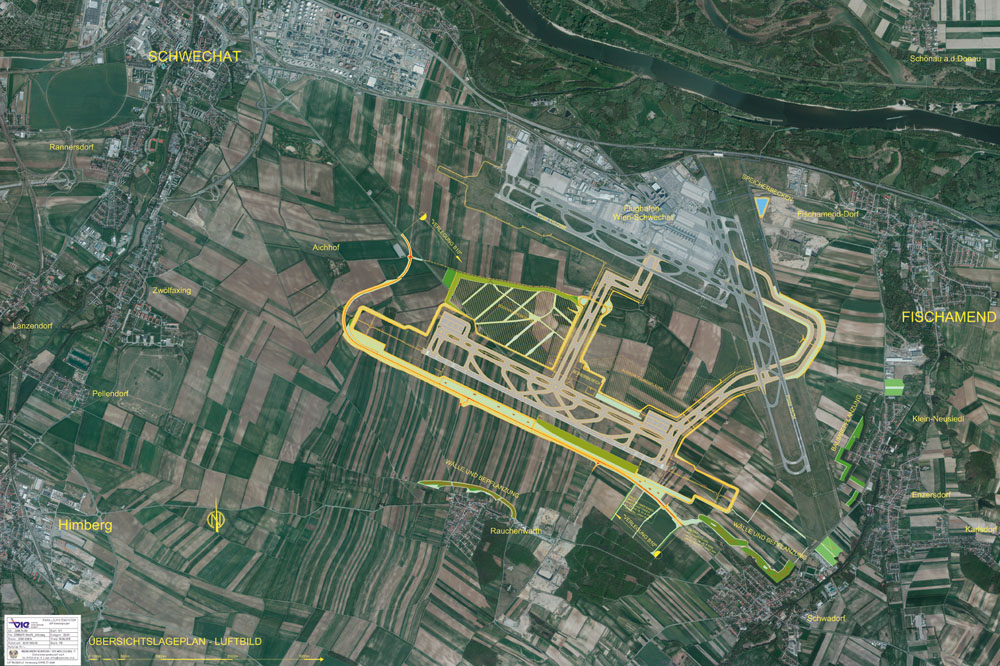 Megalomán tervnek tűnik a műholdképen három futópályás bécsi repülőtér. (Forrás: Vienna Airport) | © AIRportal.hu