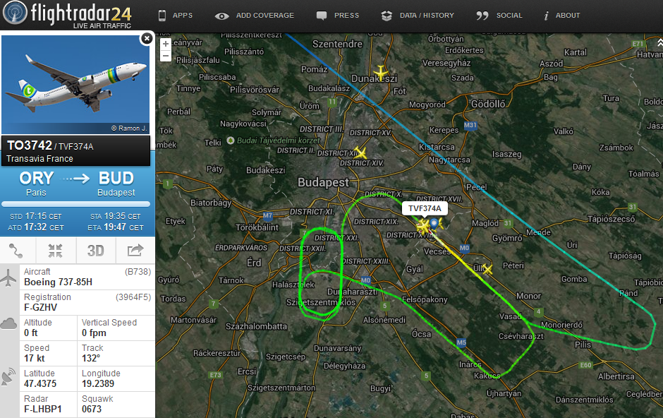 A repülőgép útvonala a Flightradar24.com radarképén. (Screenshot: AIRportal.hu) | © AIRportal.hu