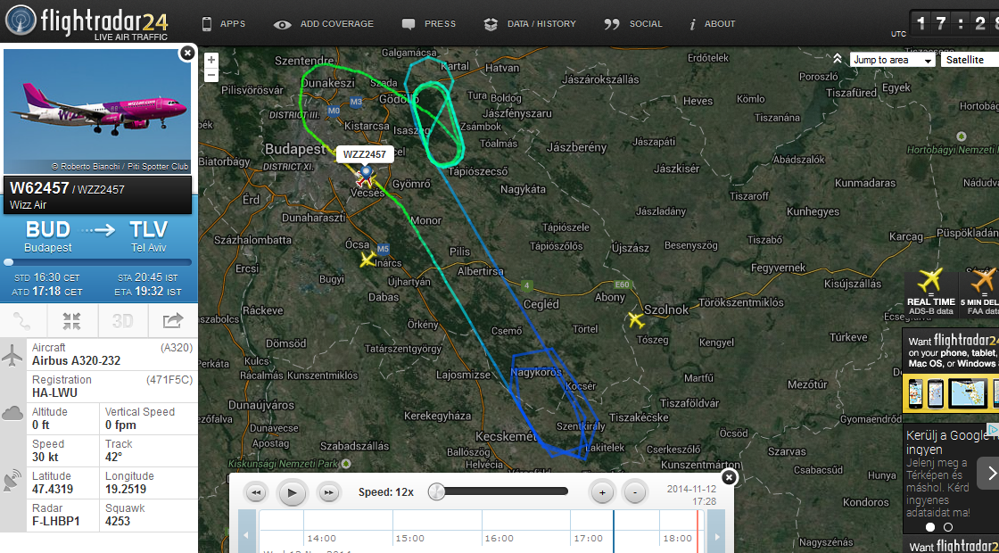 A Wizz Air 2457 számú járatának útvonala a Flightradar24.com radarképén. | © AIRportal.hu