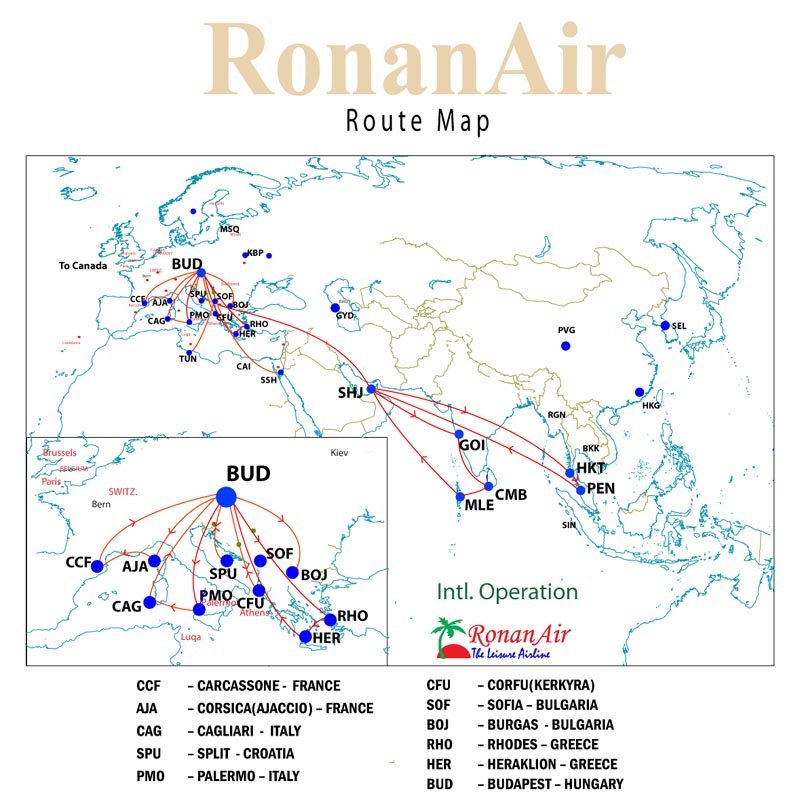 A vállalat honlapján közzétett útvonaltérkép, melyen Budapestről számos dél-európai nyaraló úticél lenne elérhető.(Forrás: RGroup International) | © AIRportal.hu