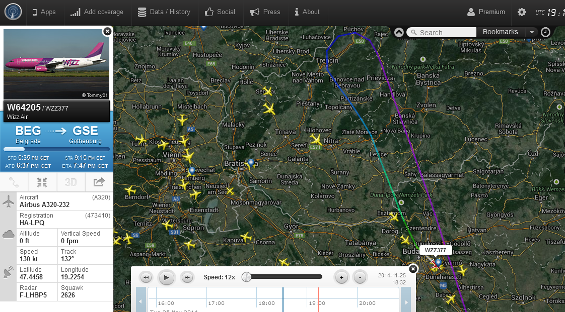 A járat útvonala a flightradar24.com radarképén. | © AIRportal.hu